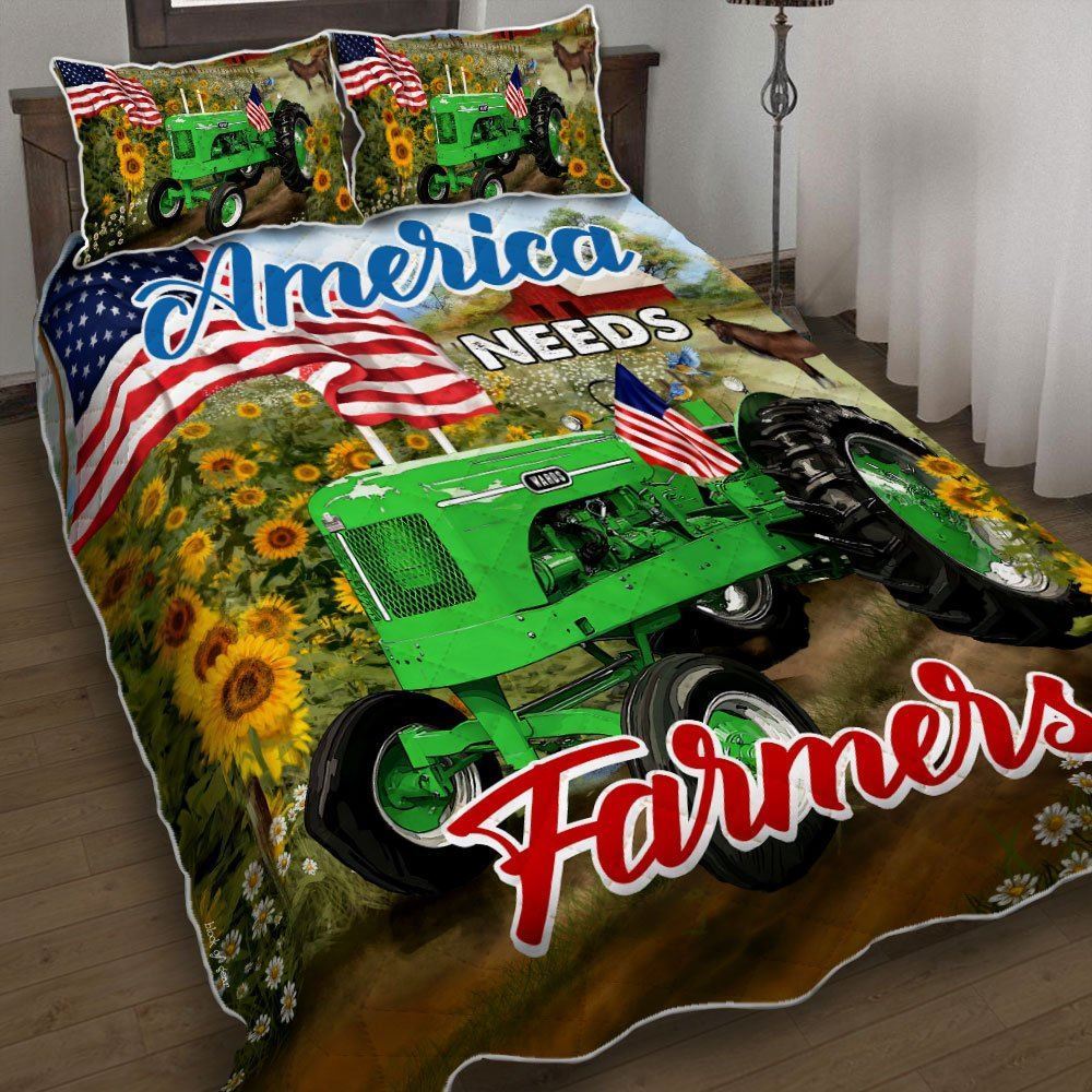 America Needs Farmers Green Tractor Quilt Bedding Set