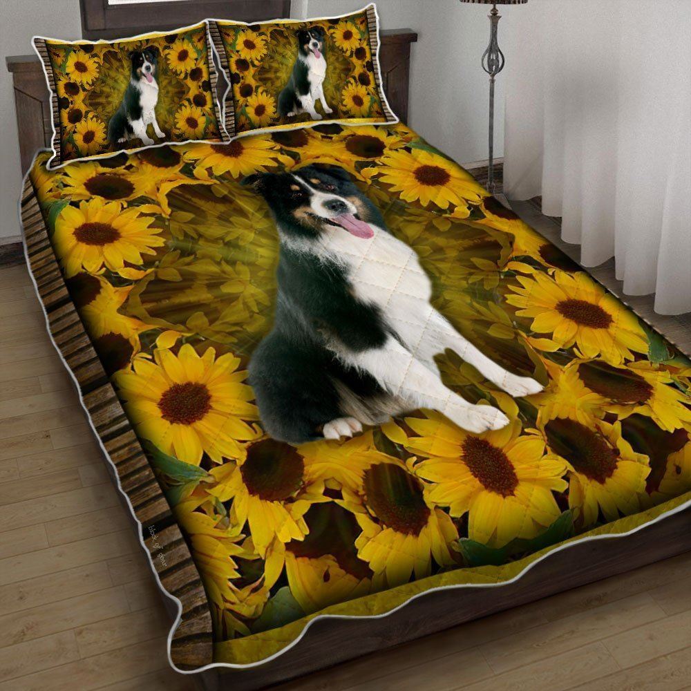 Australian Shepherd Sunflower Quilt Bedding Set