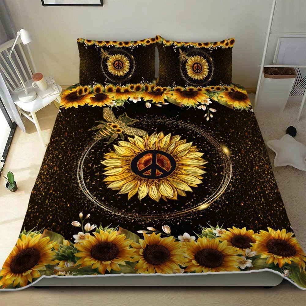 Bee Sunflower Peace Sign Quilt Bedding Set