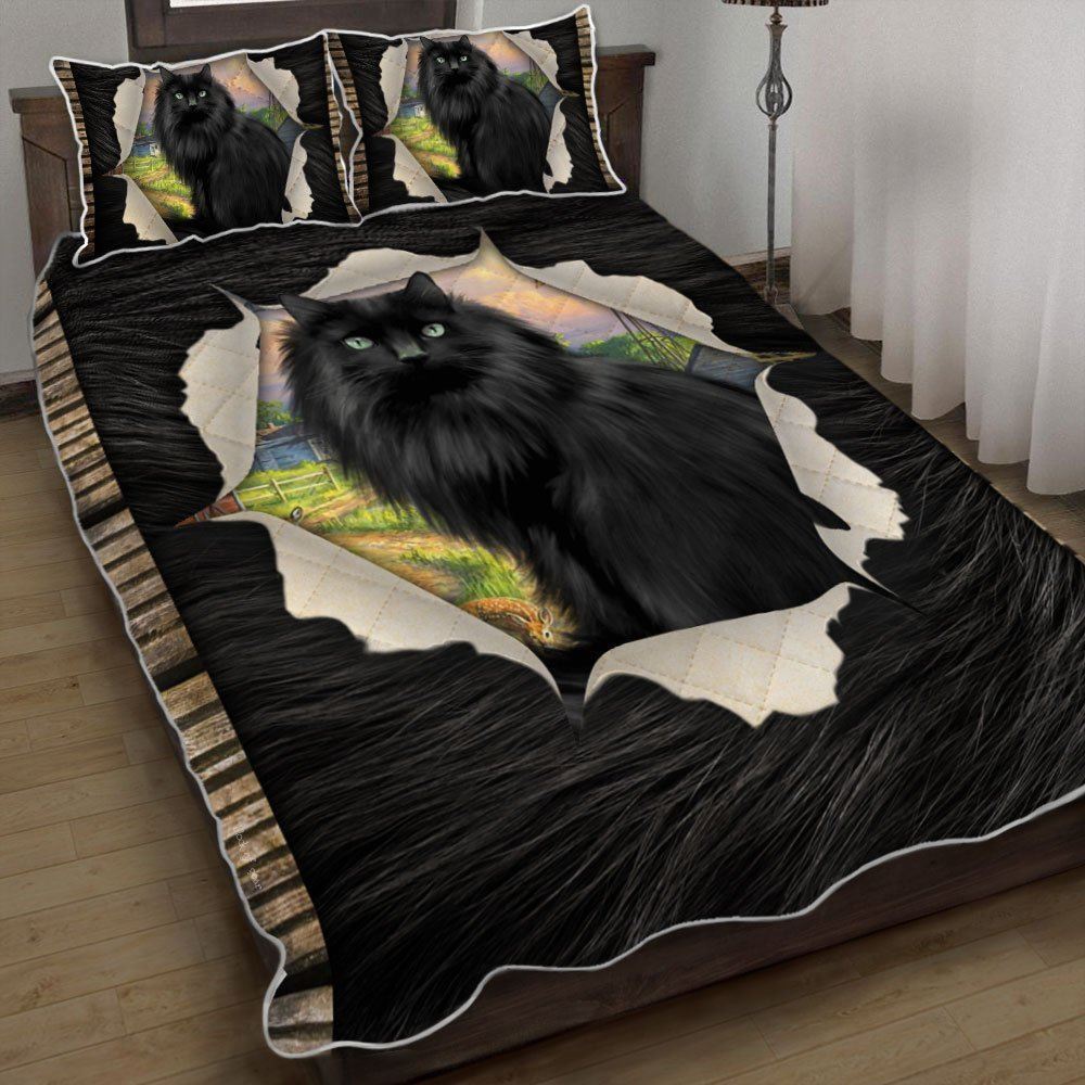 Black British Longhair Cat Quilt Bedding Set