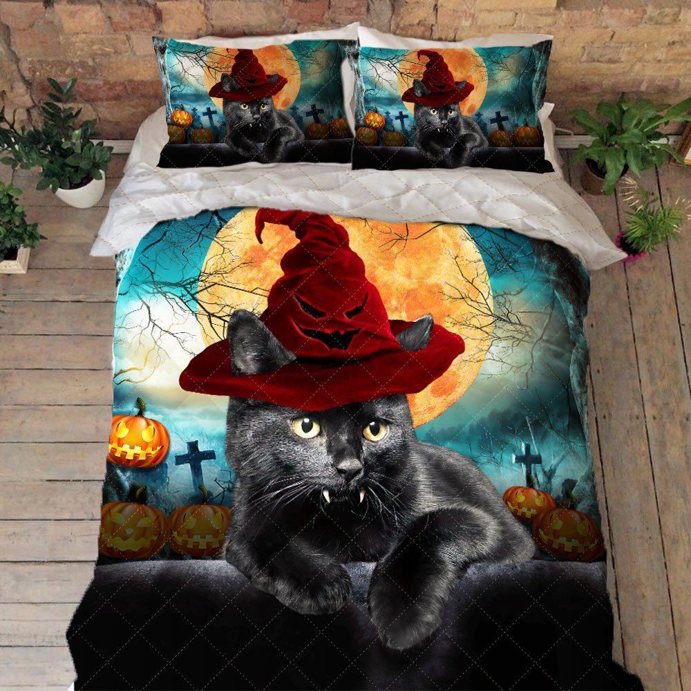 Black Cat Halloween Quilt Bedding Set Qnn603qsv1