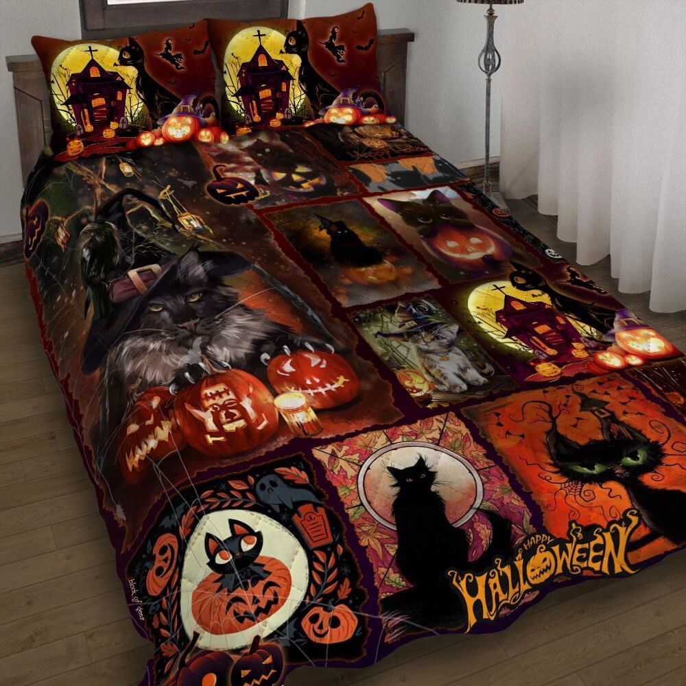 Black Cat Halloween Quilt Bedding Set