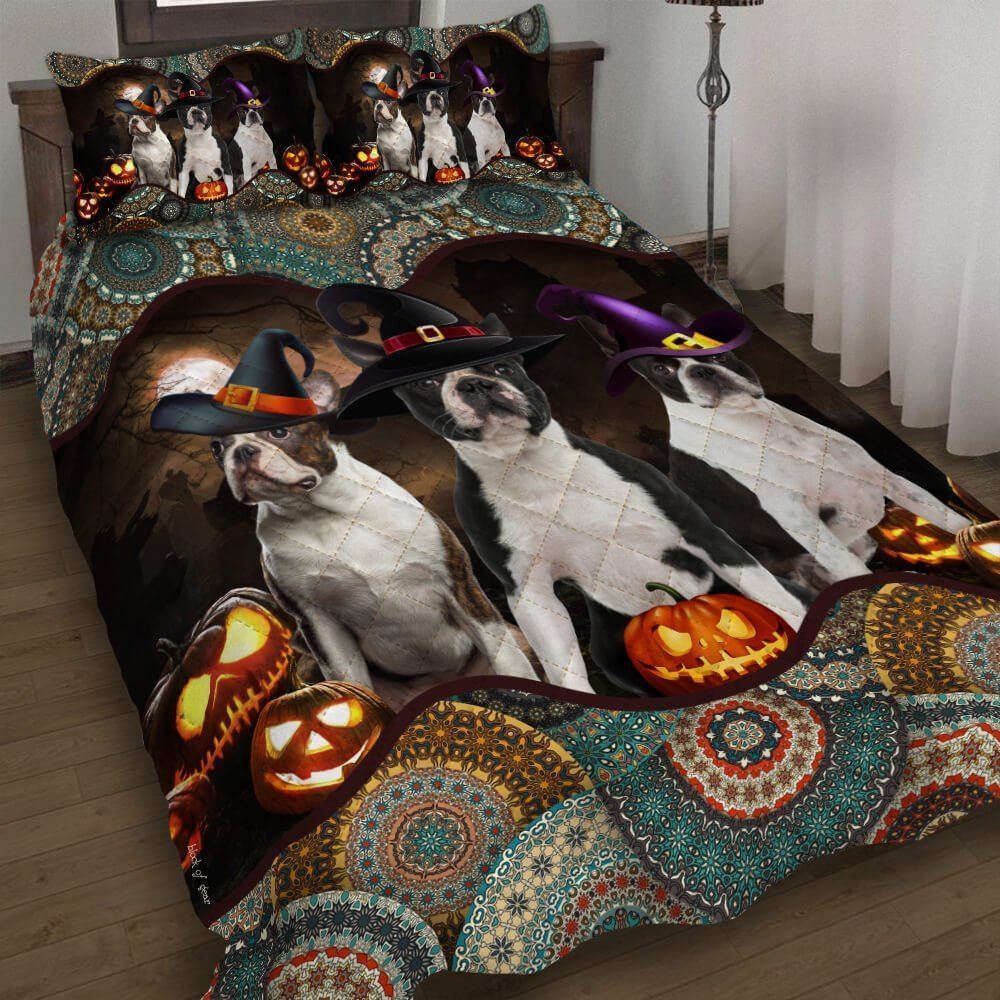 Boston Terrier Halloween Pumpkin Quilt Bedding Set