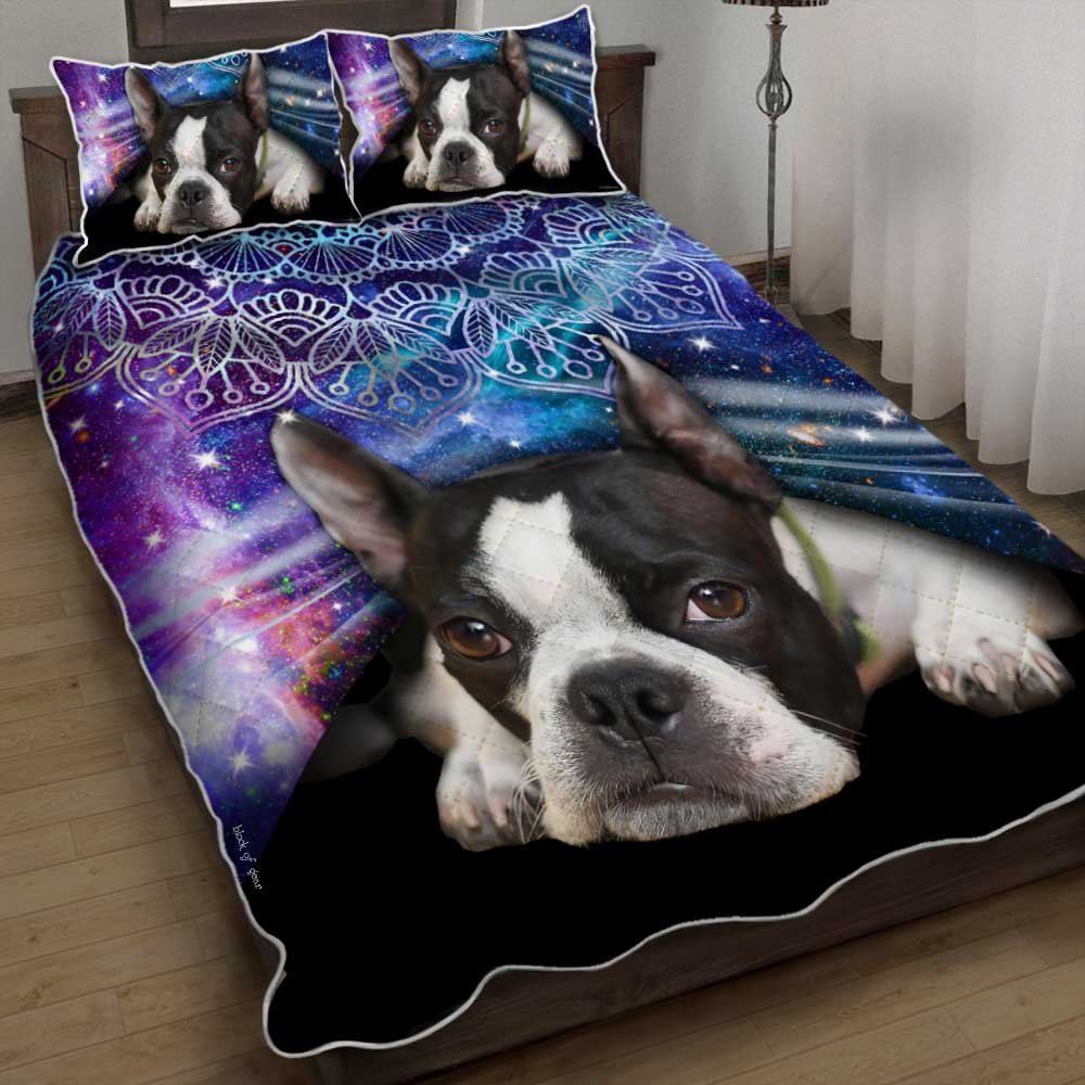 Boston Terrier Night Galaxy Mandala Quilt Bedding Set