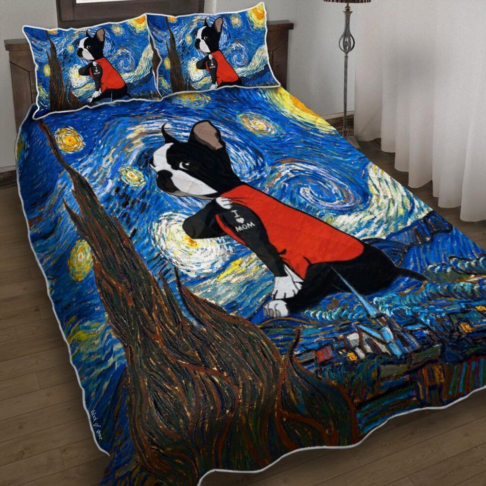 Boston Terrier Starry Night Love Mom Tattoo V1 Quilt Bedding Set