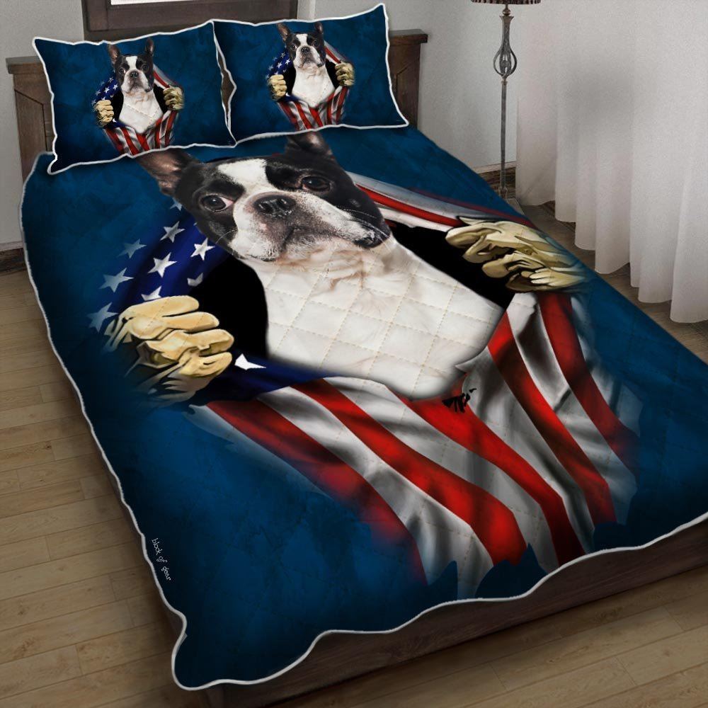 Boston Terrier With Flag Quilt Bedding Set