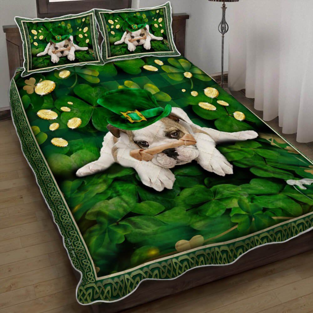 Bulldog Shamrock St Patricks Day Quilt Bedding Set