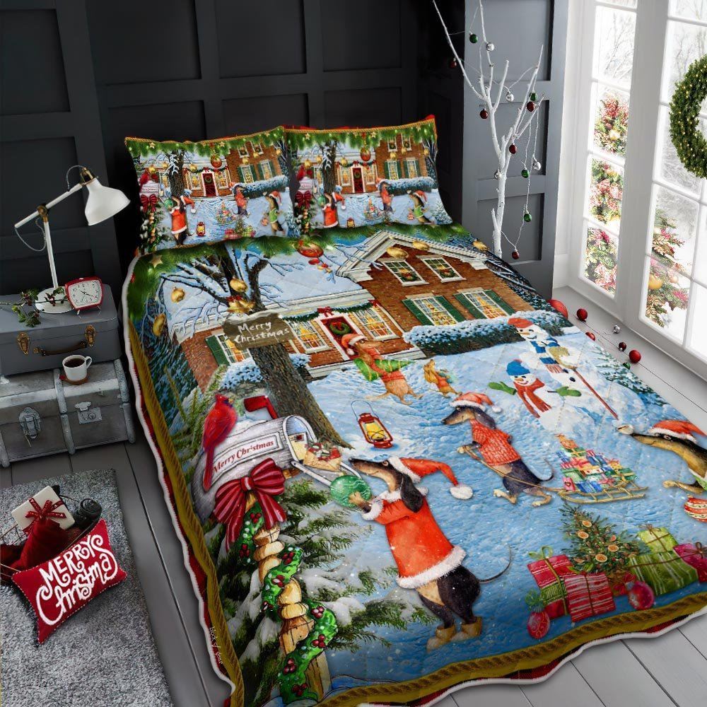 Christmas Dachshund And Mail Box Quilt Bedding Set