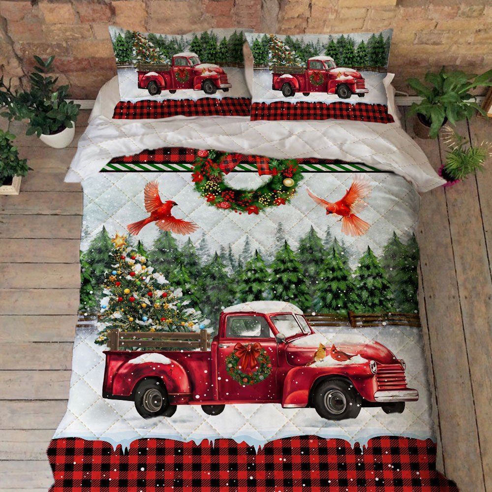 Christmas Red Truck Quilt Bedding Set Trn1403qs