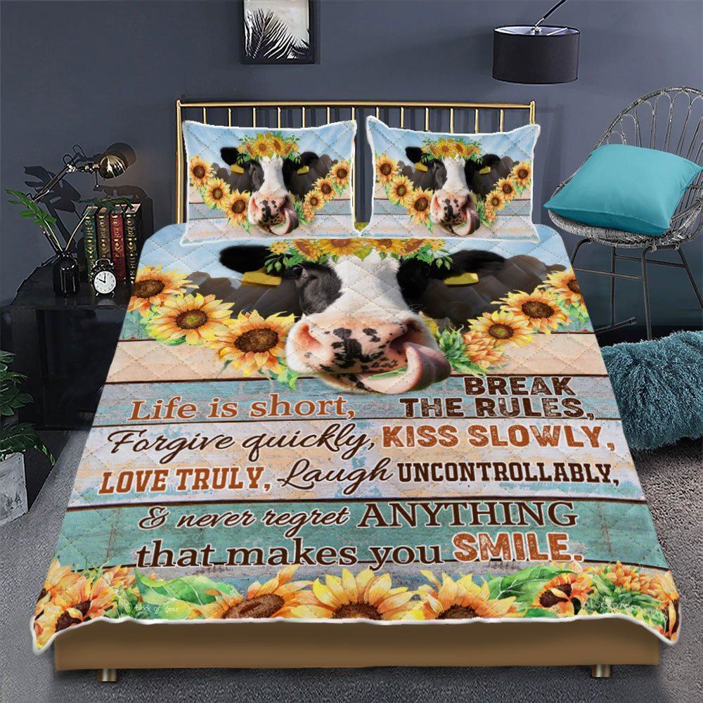 Cow Sunflower Life Is Short Break The Rules Quilt Bedding Set