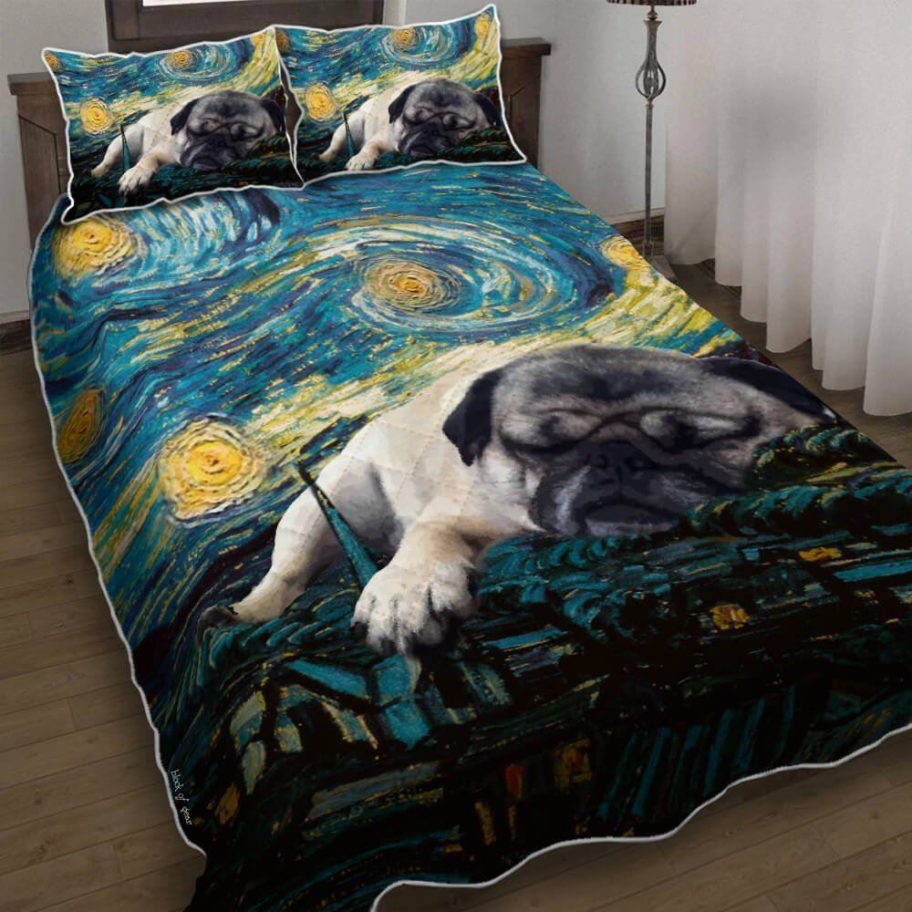 Cute Sleeping Pug Starry Night Quilt Bedding Set