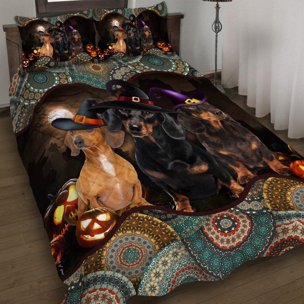 Dachshund Halloween Pumpkin Quilt Bedding Set