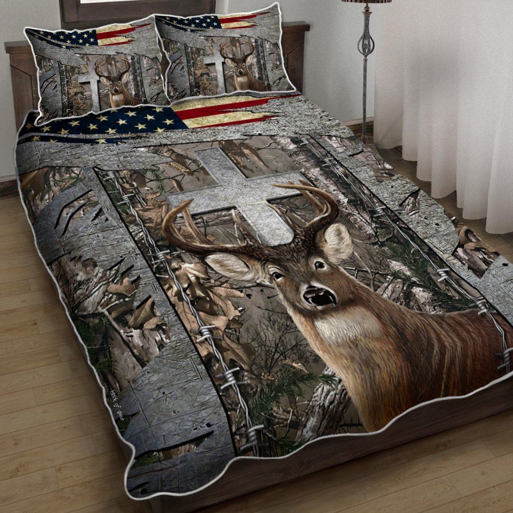 Deer Hunting Jesus Cross Quilt Bedding Set