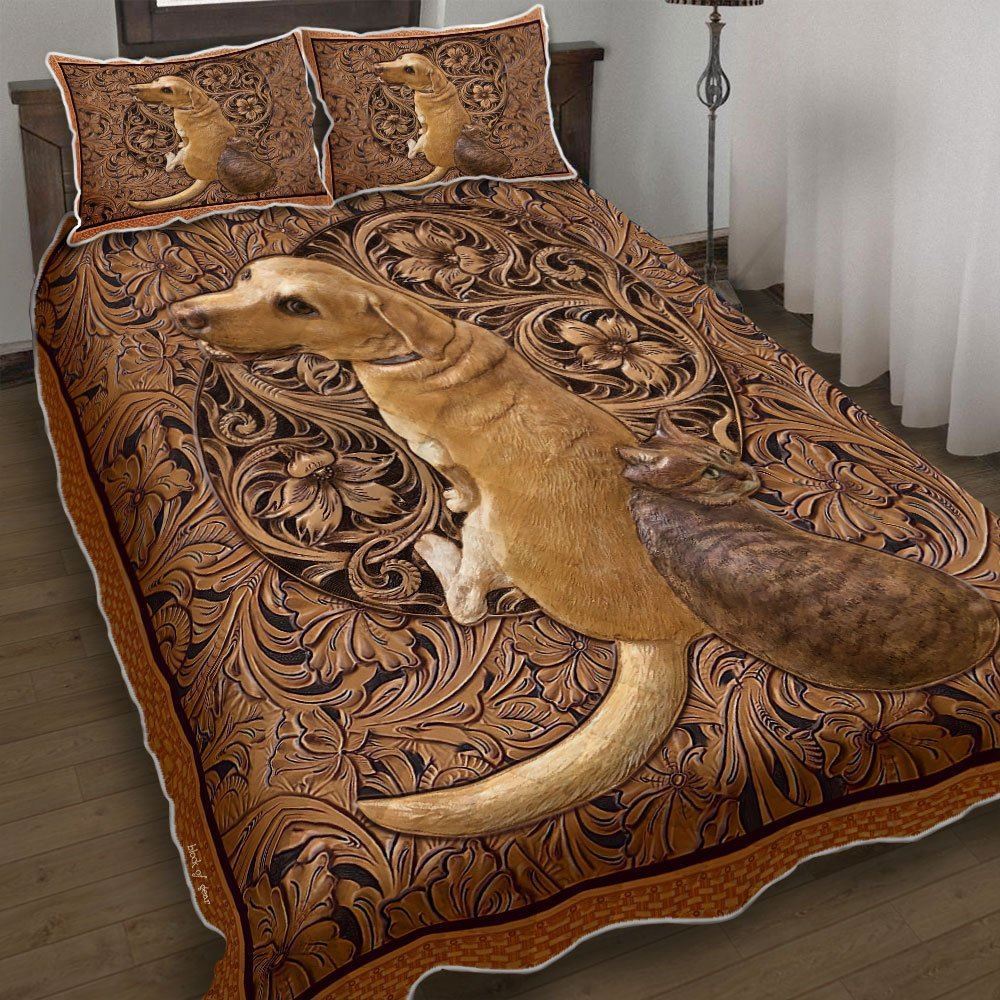 Dog And Cat Wood Sculpture Quilt Bedding Set