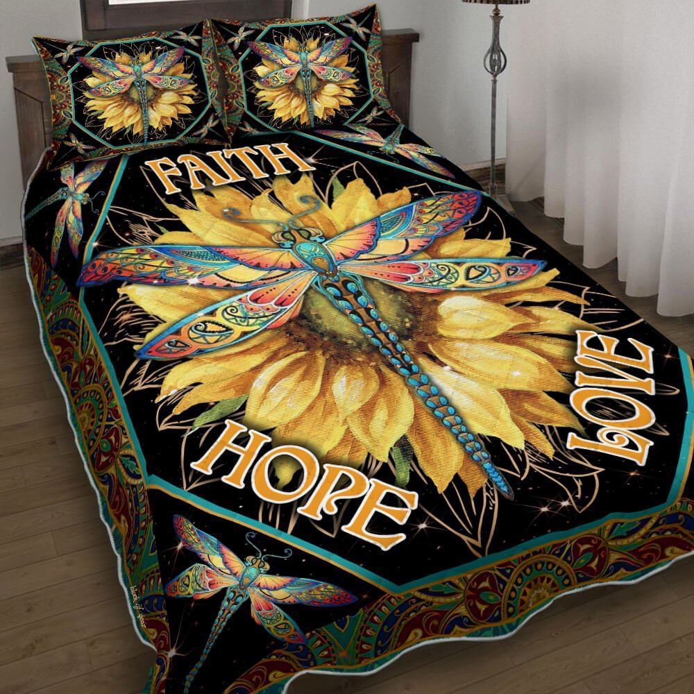 Dragonfly Faith Hope Love Quilt Bedding Set