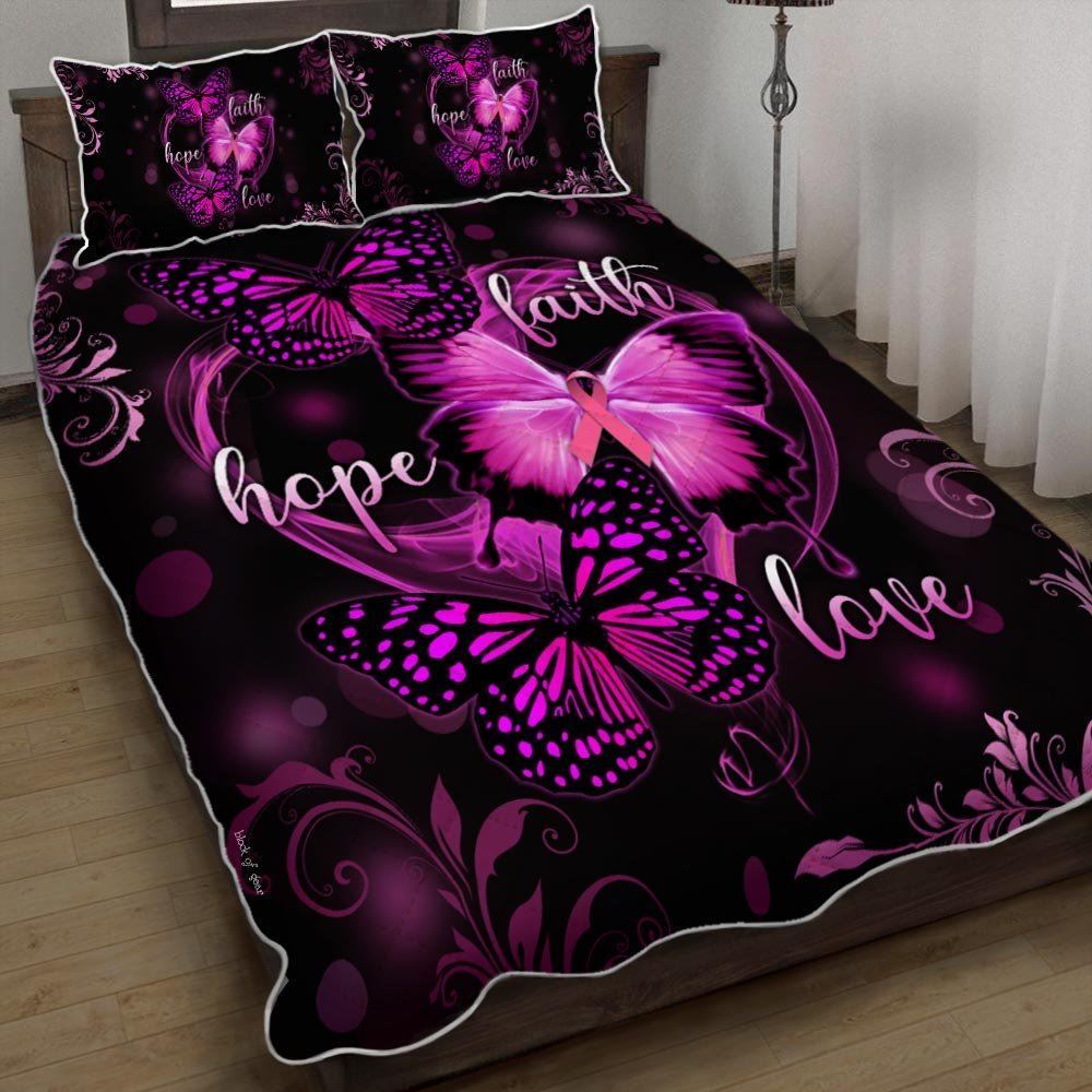 Faith Hope Love Breast Cancer Awareness Butterfly Quilt Bedding Set