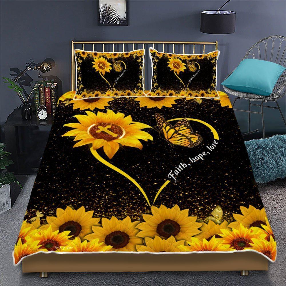 Faith Hope Love Sunflower Butterfly Quilt Bedding Set