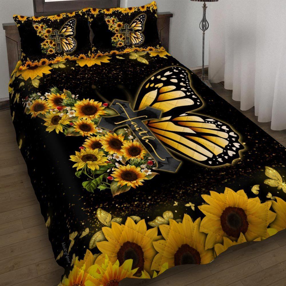 Faith Jesus Christ Butterfly Sunflower Quilt Bedding Set