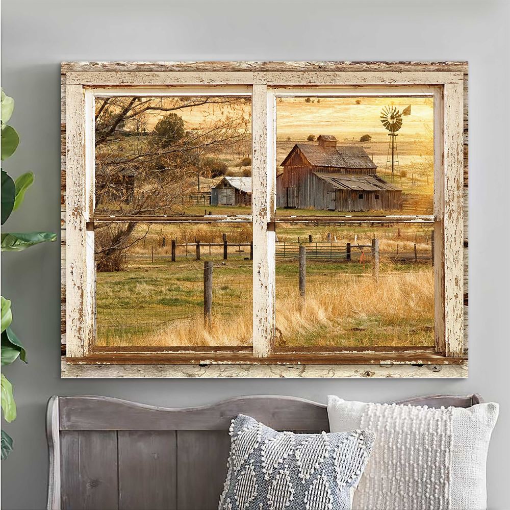 Beautiful Rustic Window With Old Barn Canvas Print Wall Art For Farmhouse Decor