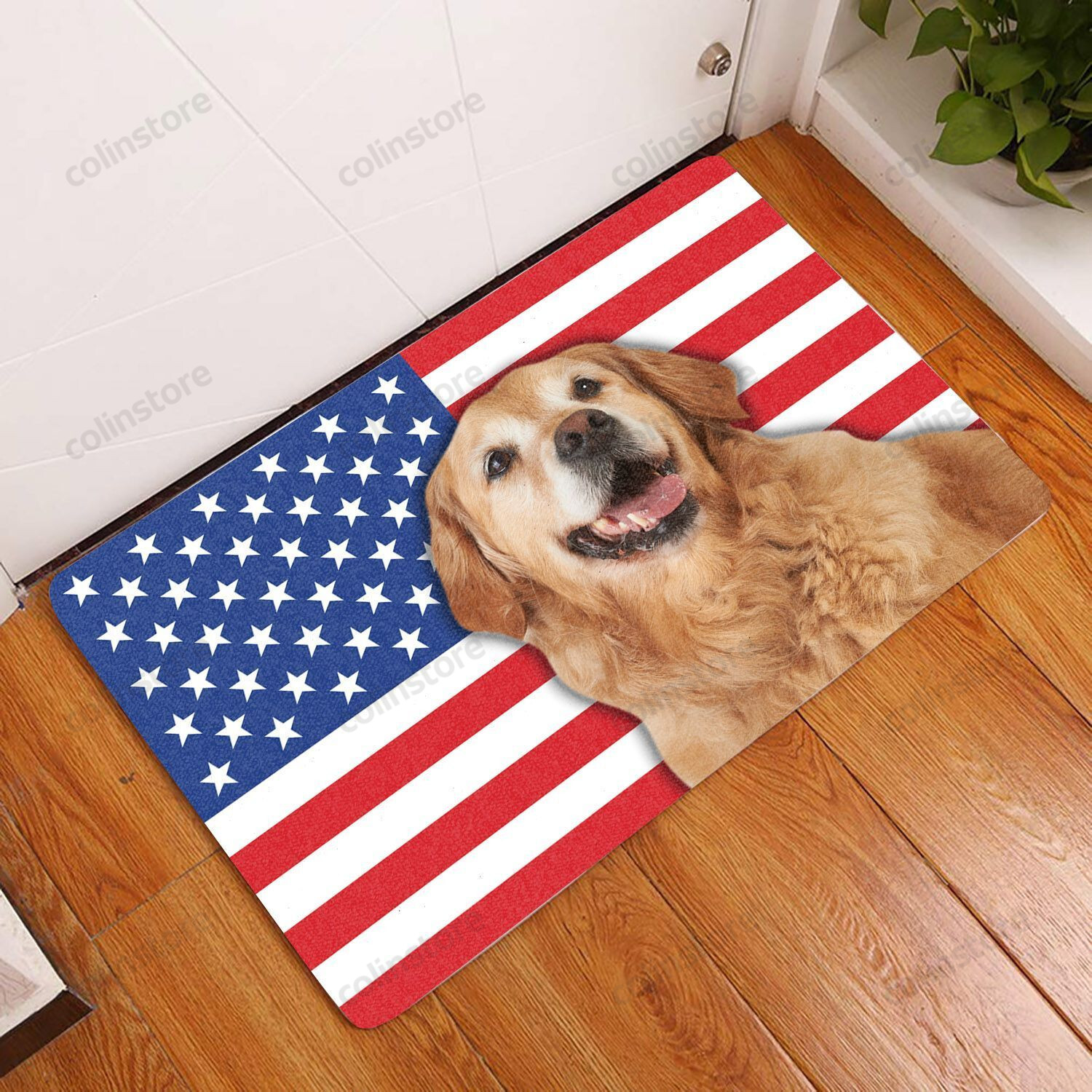 Amazing Golden Retriever With American Flag - Dog Doormat Welcome Mat