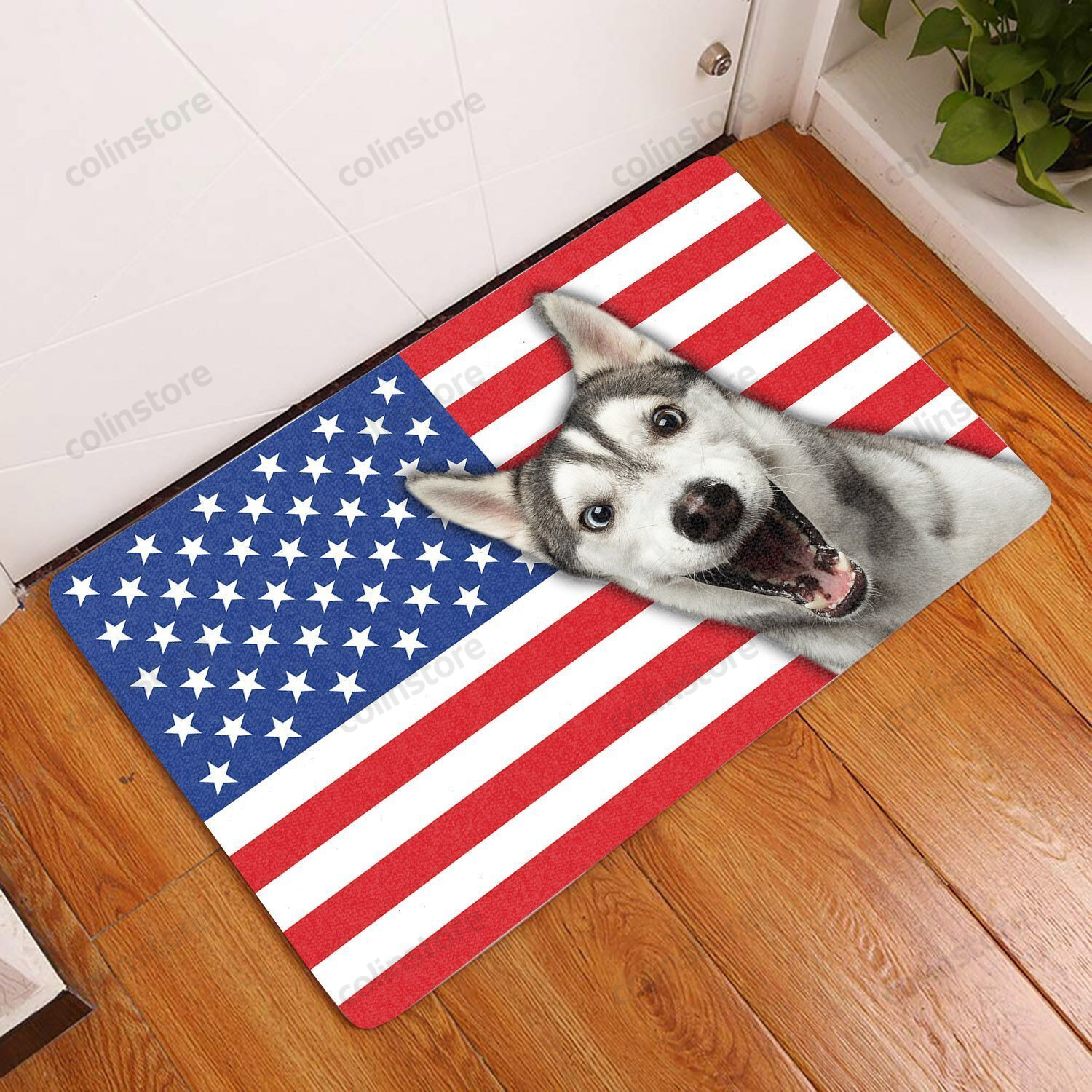 Amazing Siberian Husky With American Flag - Dog Doormat Welcome Mat