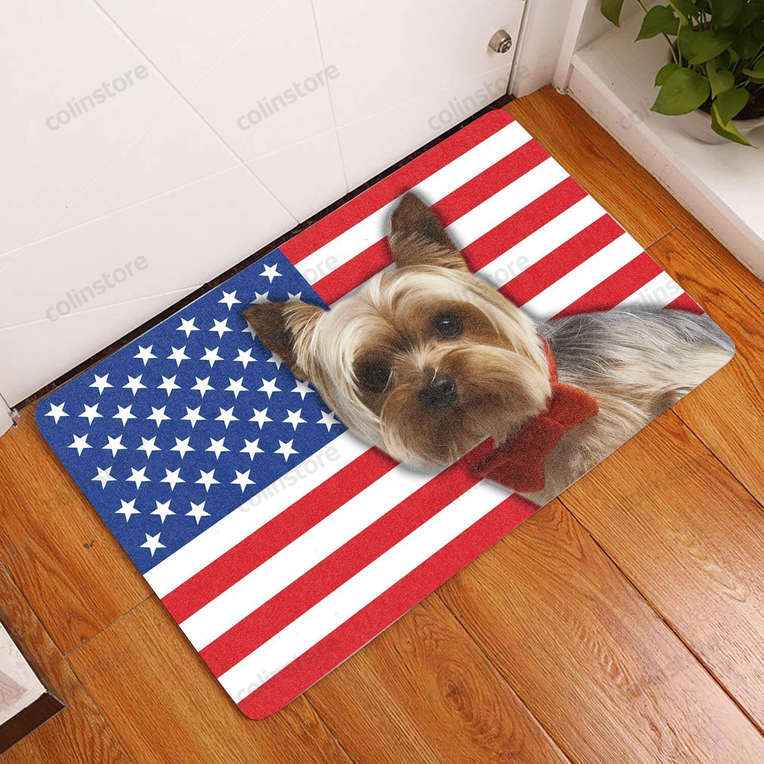 Amazing Yorkshire Terrier With American Flag - Dog Doormat Welcome Mat