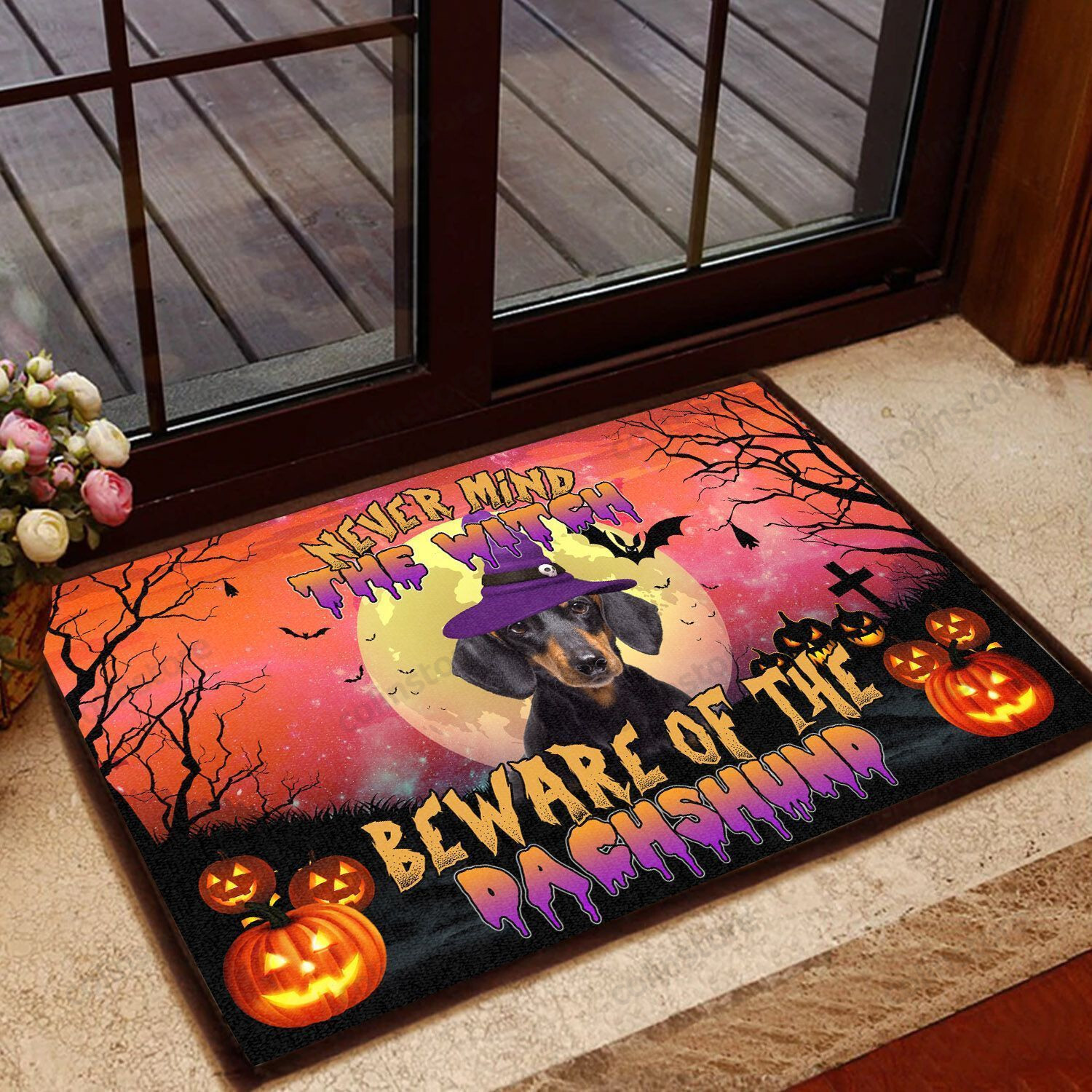 Beware Dachshund Witch Doormat Welcome Mat