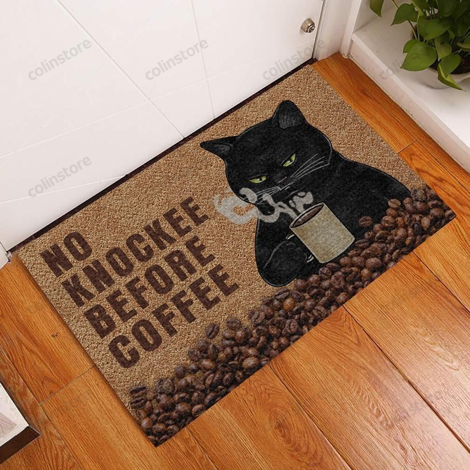 Black Cat No Knockee Before Coffee Doormat Welcome Mat