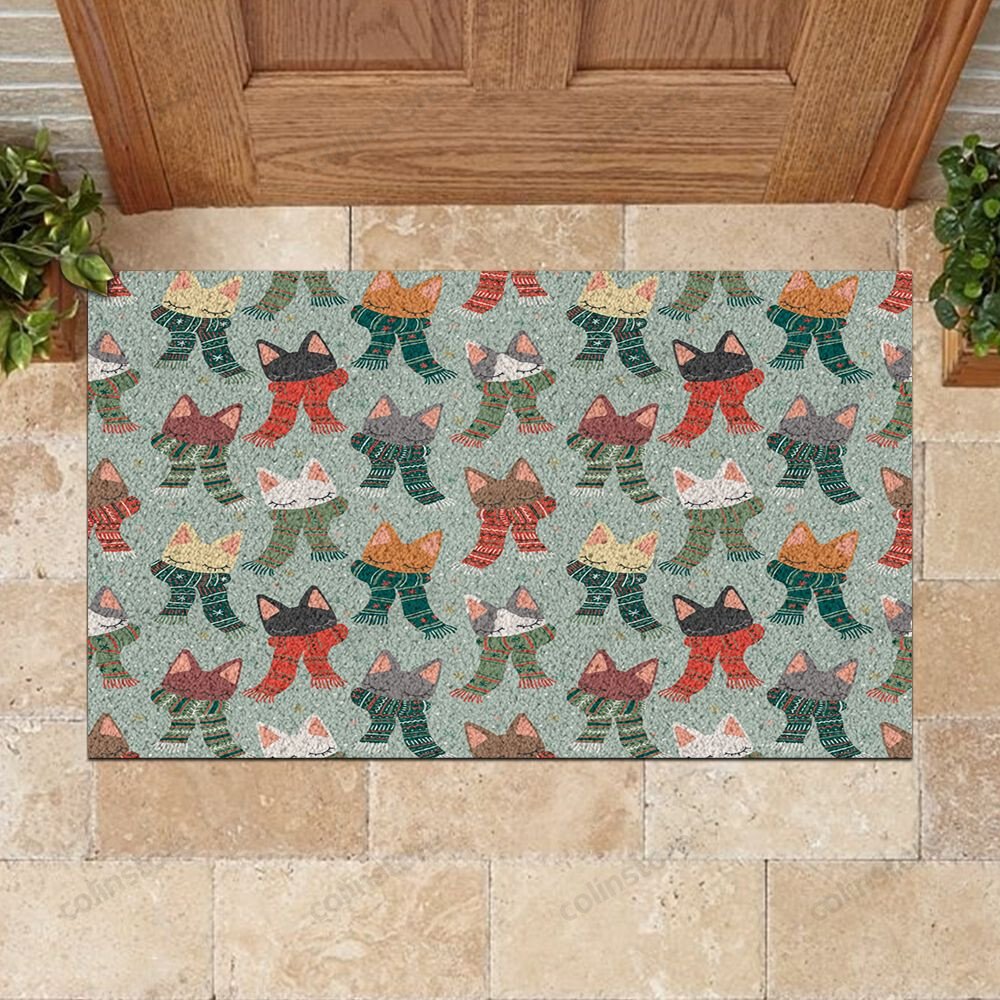 Christmas Cat Pattern Doormat Merry Christmas Doormat