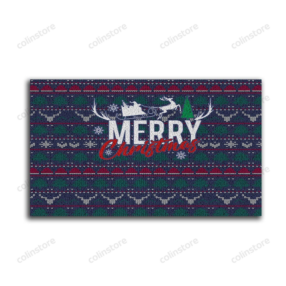 Christmas Reindeer And Tree Knitted Pattern Doormat Merry Christmas Doormat