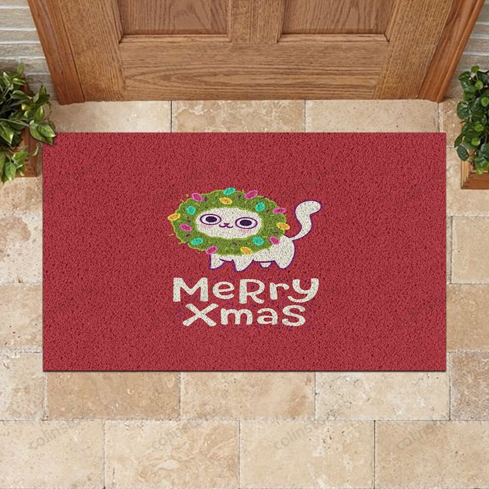 Cute Cat In Christmas Wreath Doormat Merry Christmas Doormat