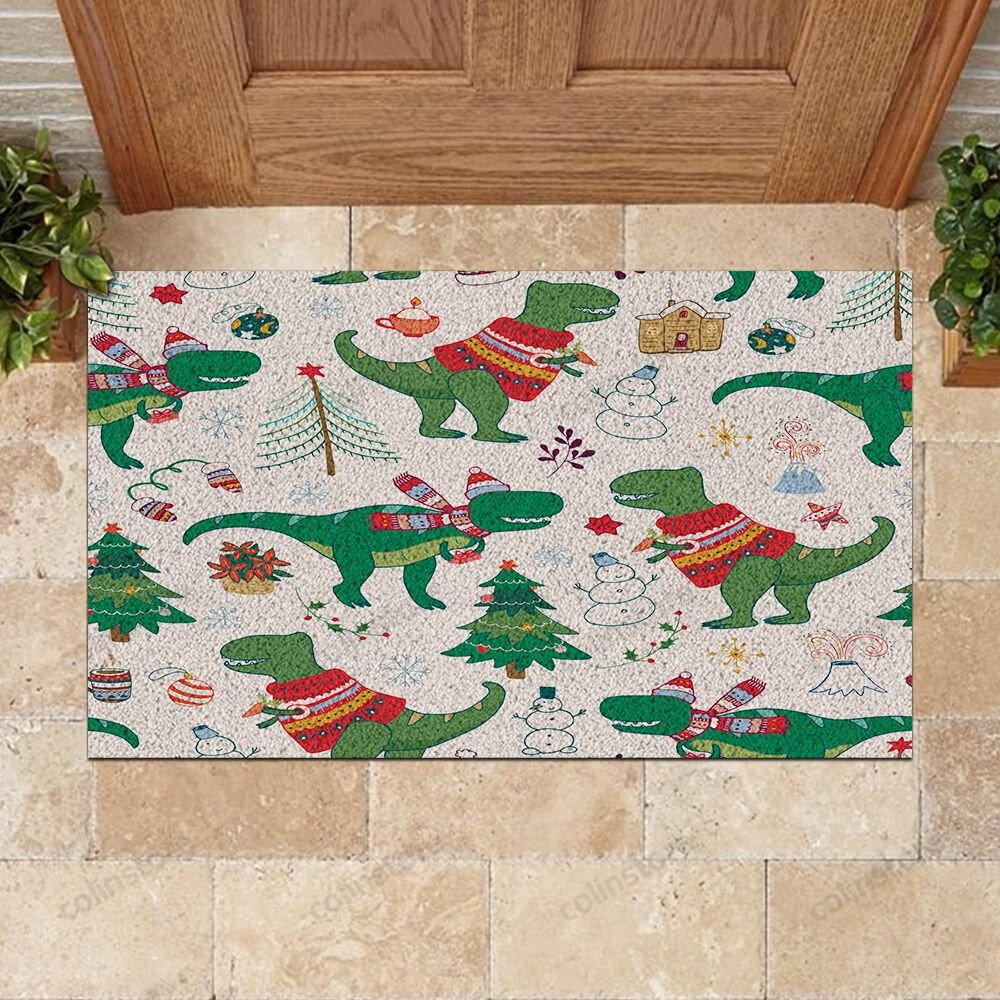 Dinosaur Christmas Pattern Doormat Merry Christmas Doormat