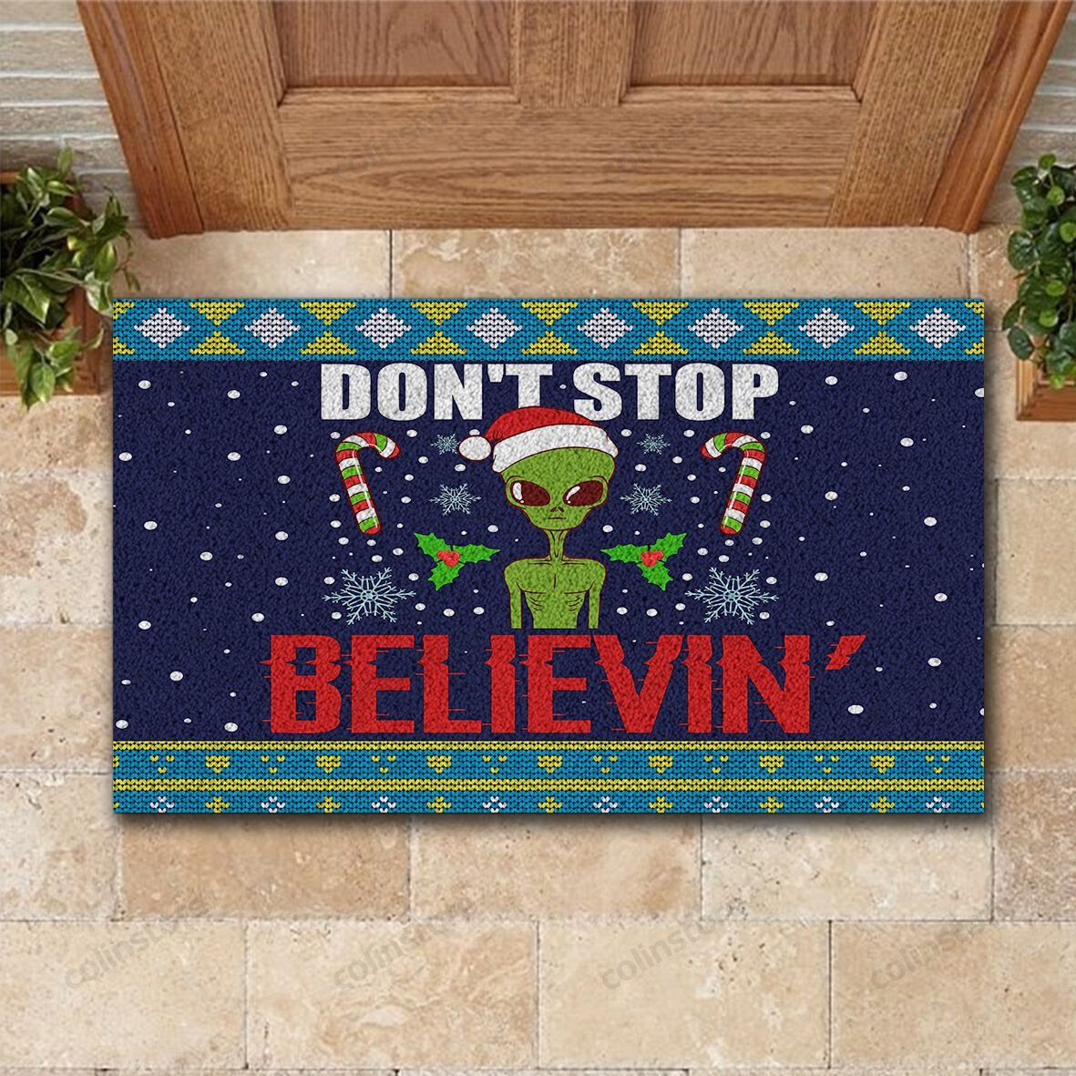 Dont Stop Believin Doormat Merry Christmas Doormat