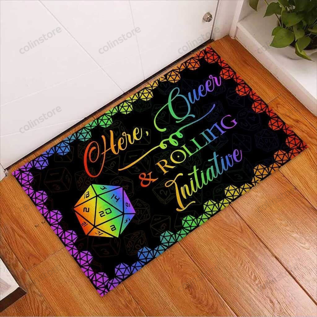 Here Queer Rolling Initiative Tabletop Rpg Doormat Welcome Mat