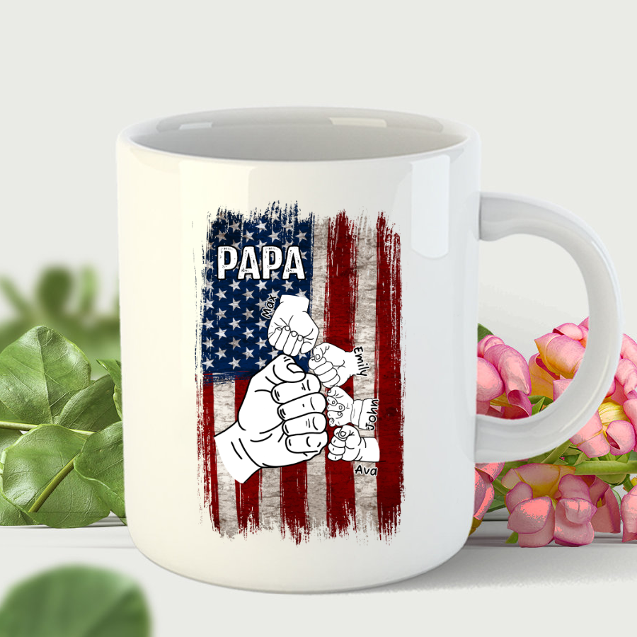 Papa Grandpa American Vertical Flag Grandkids Hands Mug