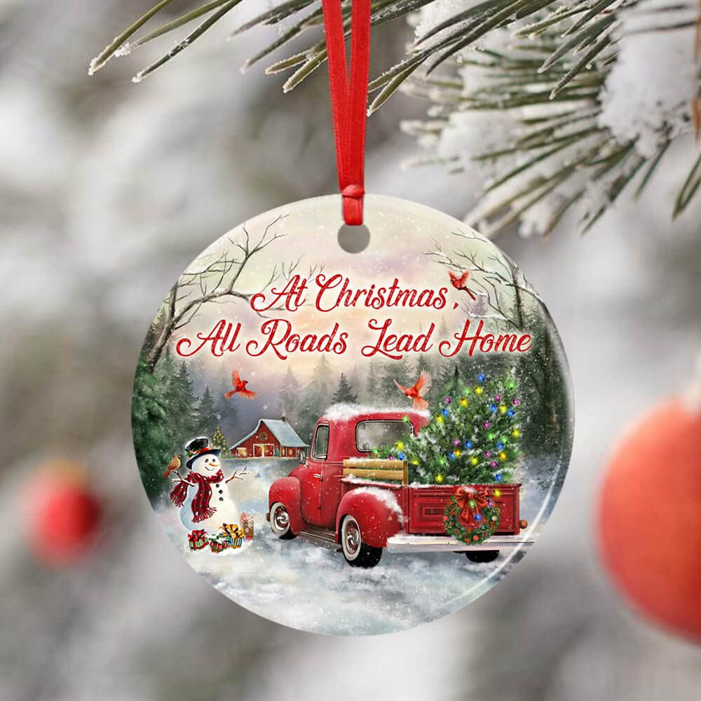 At Christmas All Roads Lead Home Red Truck Christmas Ornament Merry Christmas Ornament - Ceramic Ornament Hanging Christmas Tree
