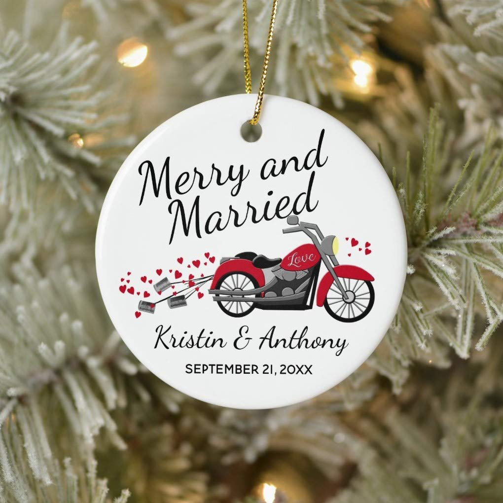 Christmas Keepsake For Motor Riding Couple Ornament - Personalized Biker Wedding Gifts Idea Newlywed Couple Merry And Married