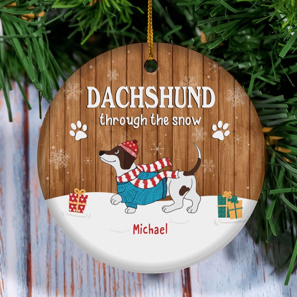 Dachshund Through The Snow Circle Ceramic Ornament Personalized Dog Lovers Decorative Christmas Ornament-trungten-cmmz5