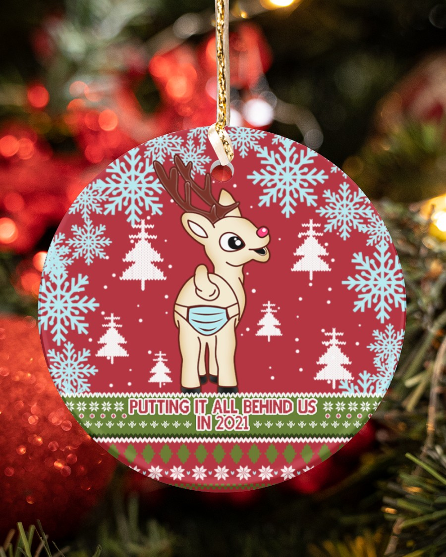 Funny Christmas Ornament Putting It All Behind Us In 2021 Reindeer Wearing Mask Circle Ornament 2 Si