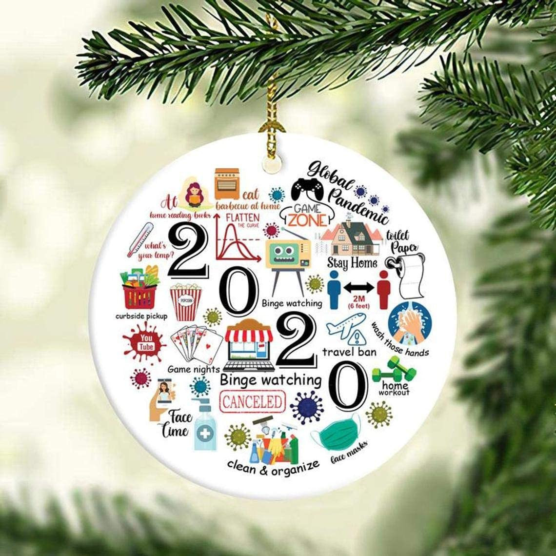 Funny Quote 2020 Annual Events Sum Up Ornament - Christmas Tree Decoration 2020 Commemorative With Cute Doodle Icons Ornament