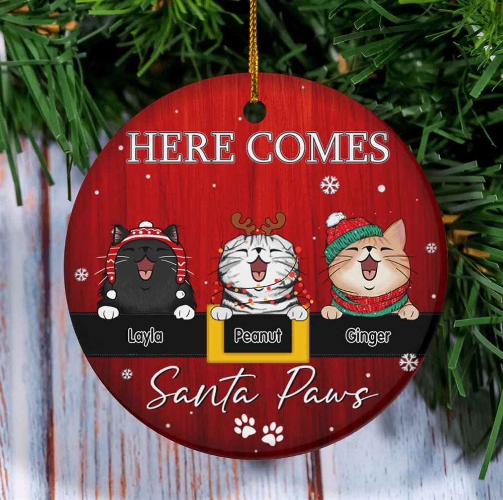 Here Comes Santa Paws Circle Ceramic Ornament Personalized Cat Breeds Ornament