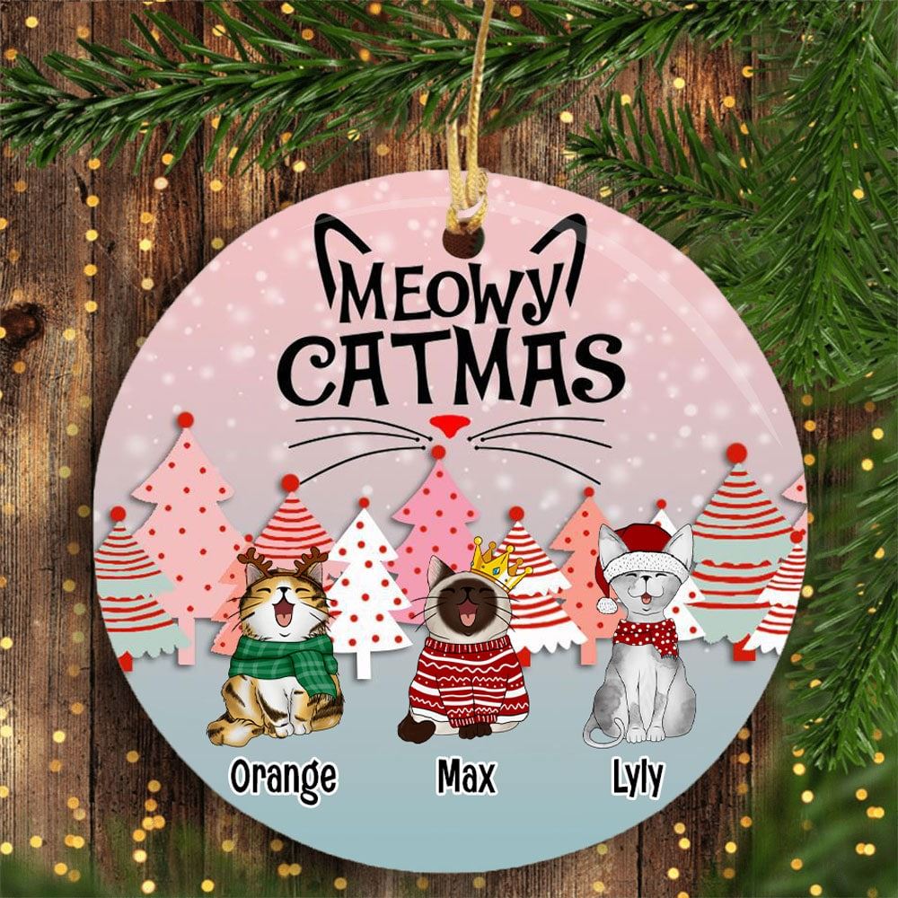 Meowy Catmas Circle Ceramic Ornament Personalized Cat Breeds Ornament Cat Lovers Gifts