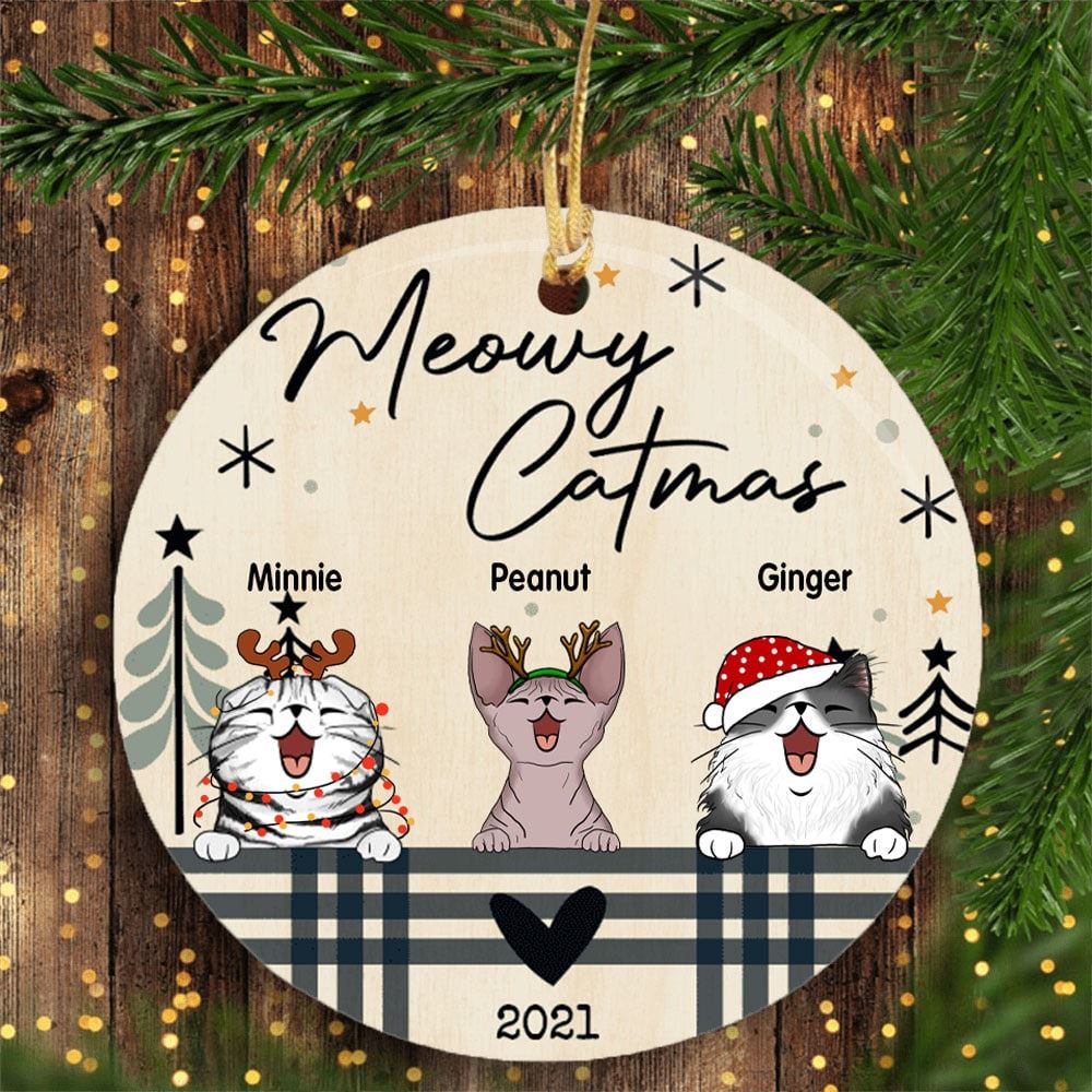 Meowy Catmas Circle Ceramic Ornament Personalized Cat Breeds Ornament Xmas Gifts For Cat Lovers