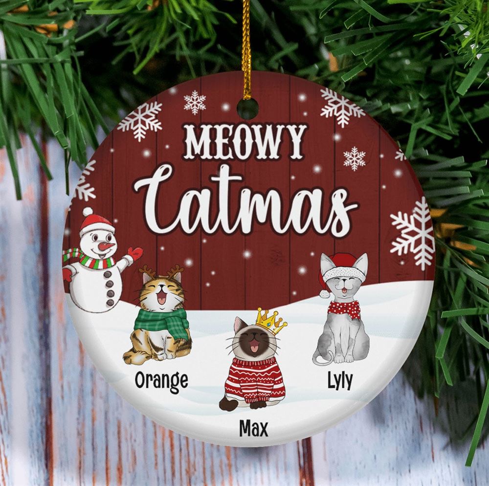 Meowy Catmas Circle Ceramic Ornament Personalized Christmas Cat Breeds Ornament