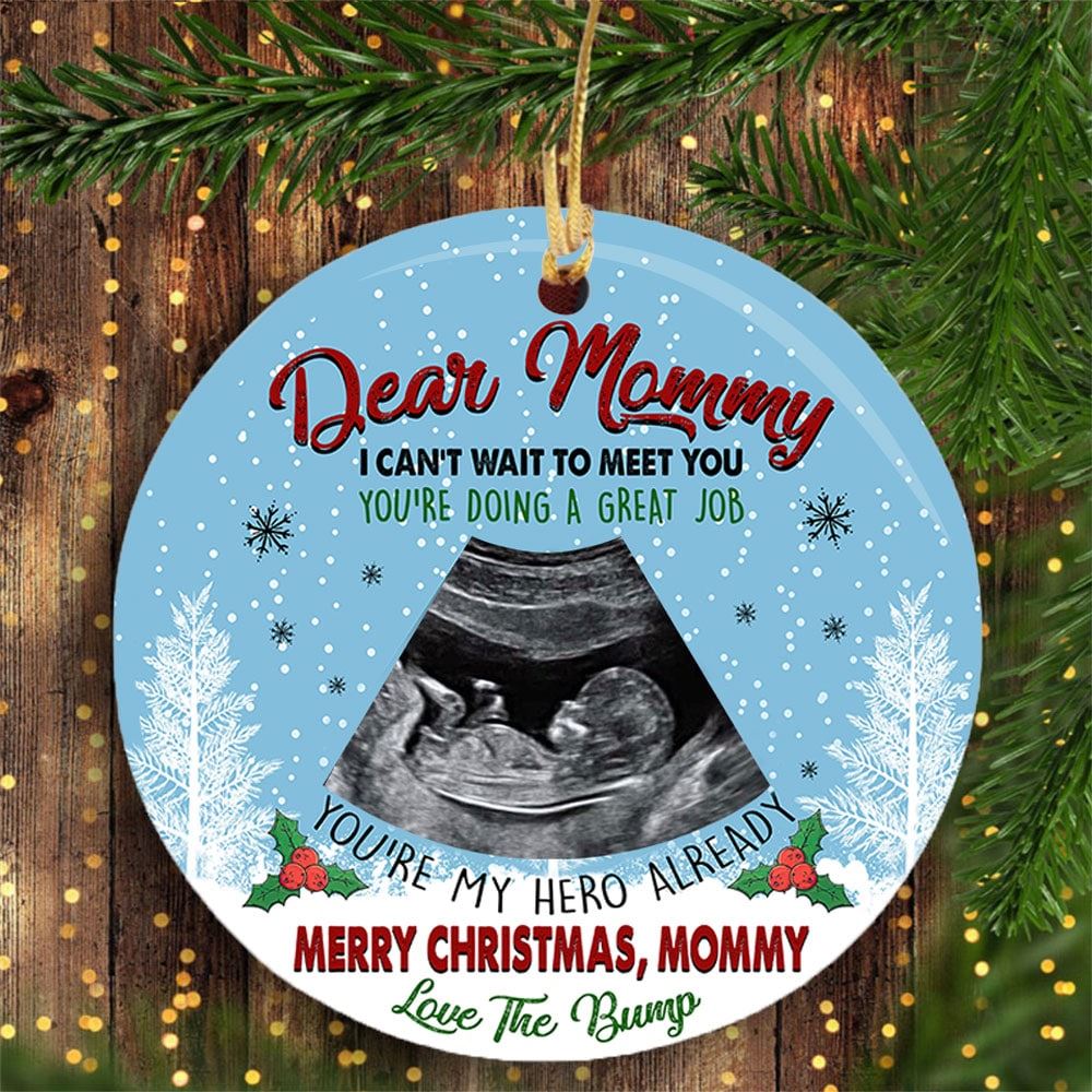 Merry Christmas From The Bump Personalized Circle Ornament With Sonogram Gift For Mommy To Be