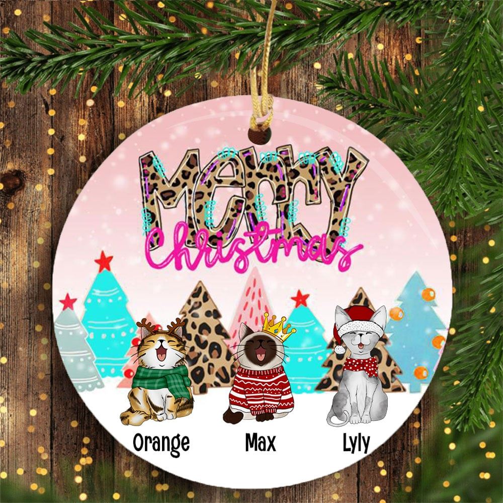 Merry Christmas Leopard And Pink Personalized Circle Ornament Gift For Cat Loverst