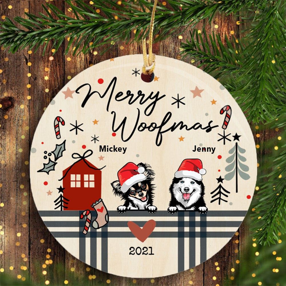 Merry Woofmas Christmas Bauble Circle Ceramic Ornament Personalized Dog Breeds Ornament Xmas Gifts For Dog Lovers