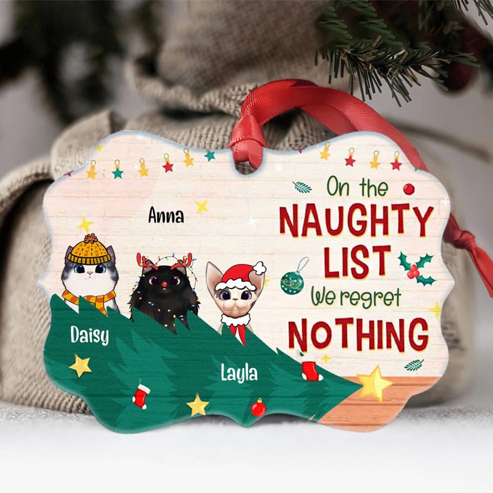 On The Naughty List And We Regret Nothing Personalized Ornament Gift For Cat Lovers