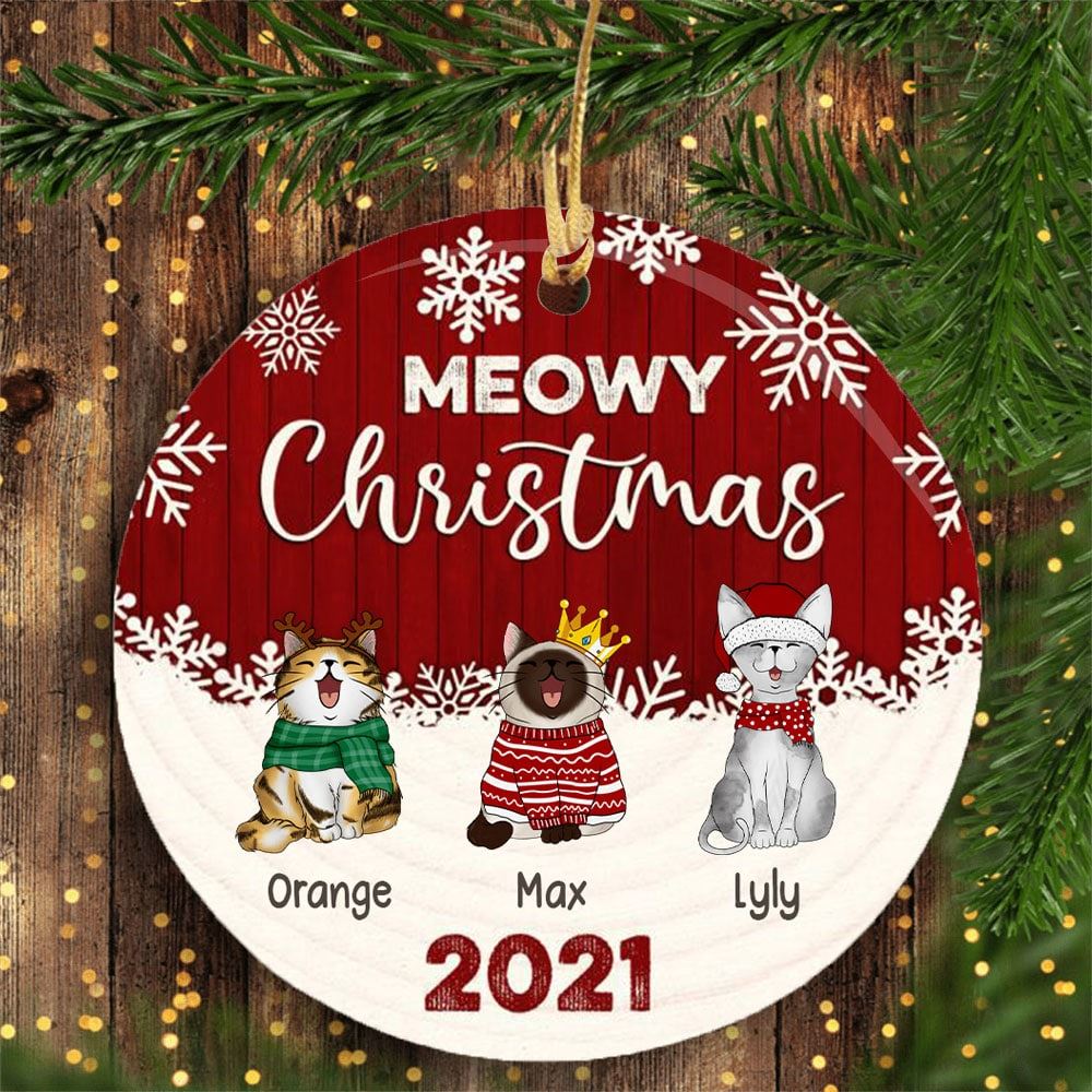 Personalised Meowy Christmas Gray Wooden Circle Ceramic Ornament Christmas Gift For Cat Lovers