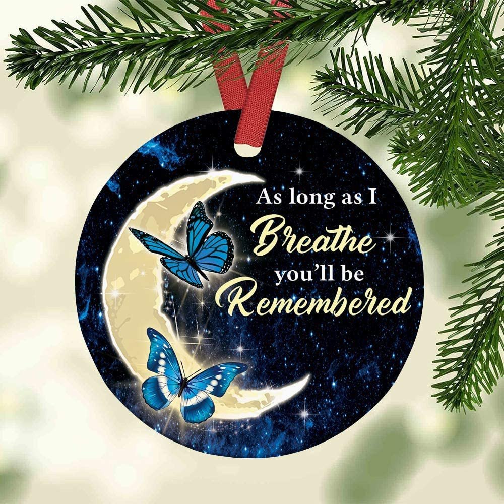 Personalize Blue Butterflies And Moon Memorial Ornament - As Long As I Breathe Youll Be Remembered Custom Name Ornament -ghepten-9qmpw6q
